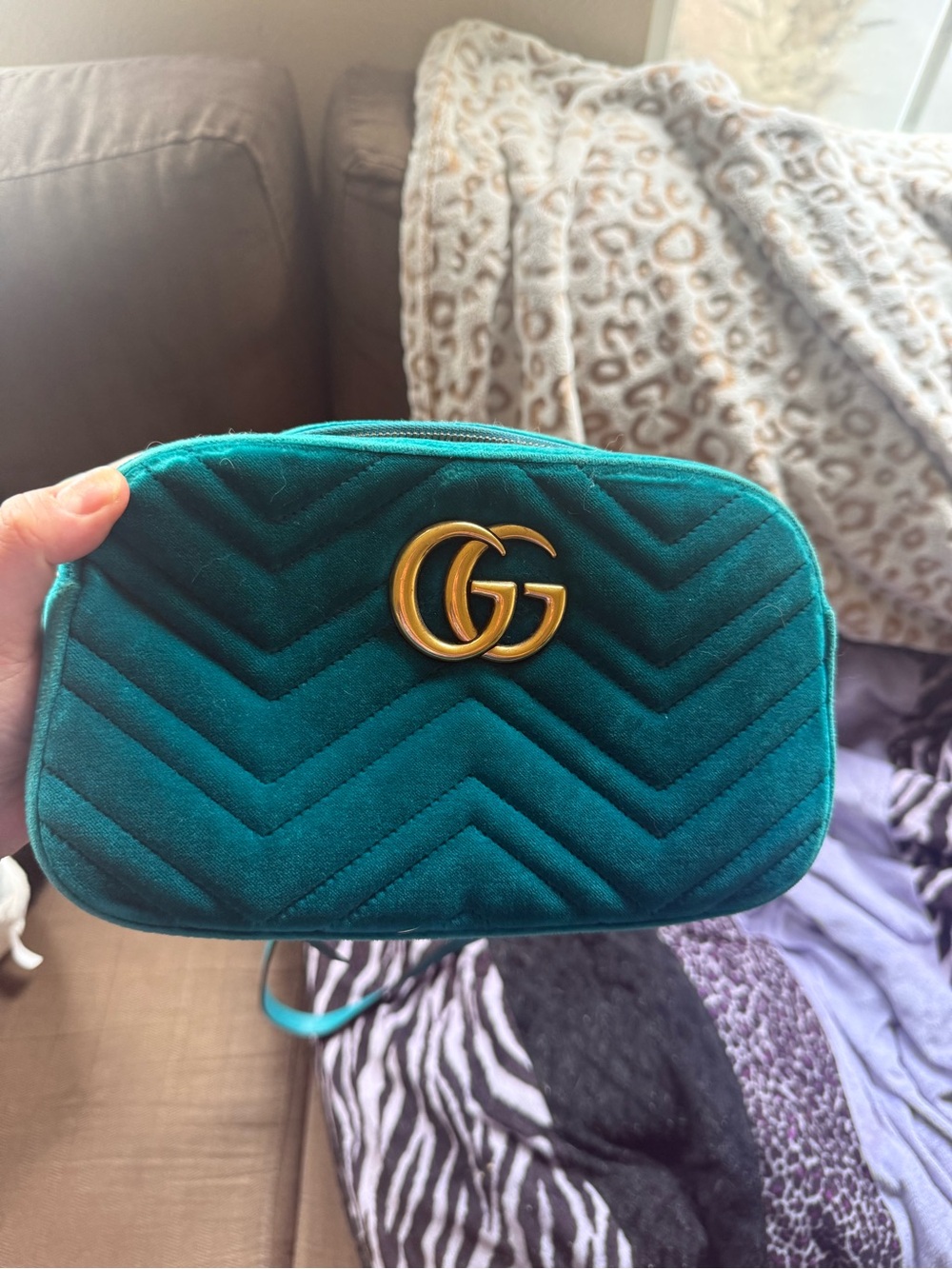 Gucci Teal Chevron Velvet Crossbody Bag with Gold GG